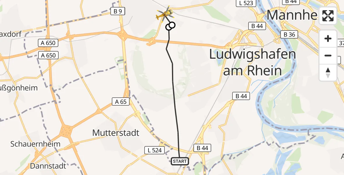 Flugroute Rettungshubschrauber Ludwigshafen am Rhein - Ludwigshafen Accident Hospital Hubschrauberlandeplatz, 31 Oktober 2026, 10:25