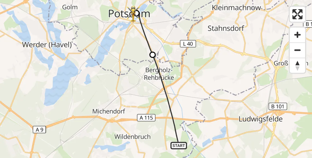Flugroute Rettungshubschrauber Nuthetal - Ernst von Bergmann Clinic Hubschrauberlandeplatz, 31 Oktober 2026, 10:46