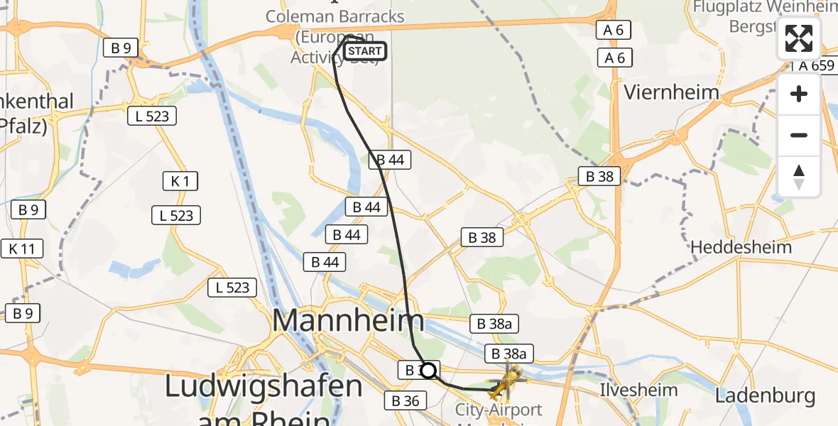 Flugroute Rettungshubschrauber Mannheim - Mannheim-City Flughafen, 31 Oktober 2026, 10:47