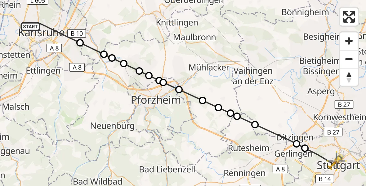 Flugroute Rettungshubschrauber Karlsruhe - Stuttgart, 31 Oktober 2026, 11:13