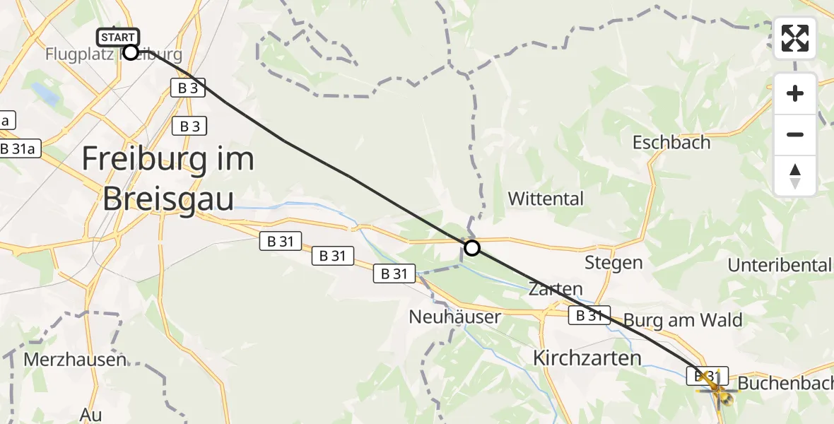 Flugroute Ambulanzhubschrauber Freiburg im Breisgau Flugplatz - Kirchzarten, 31 Oktober 2026, 11:25