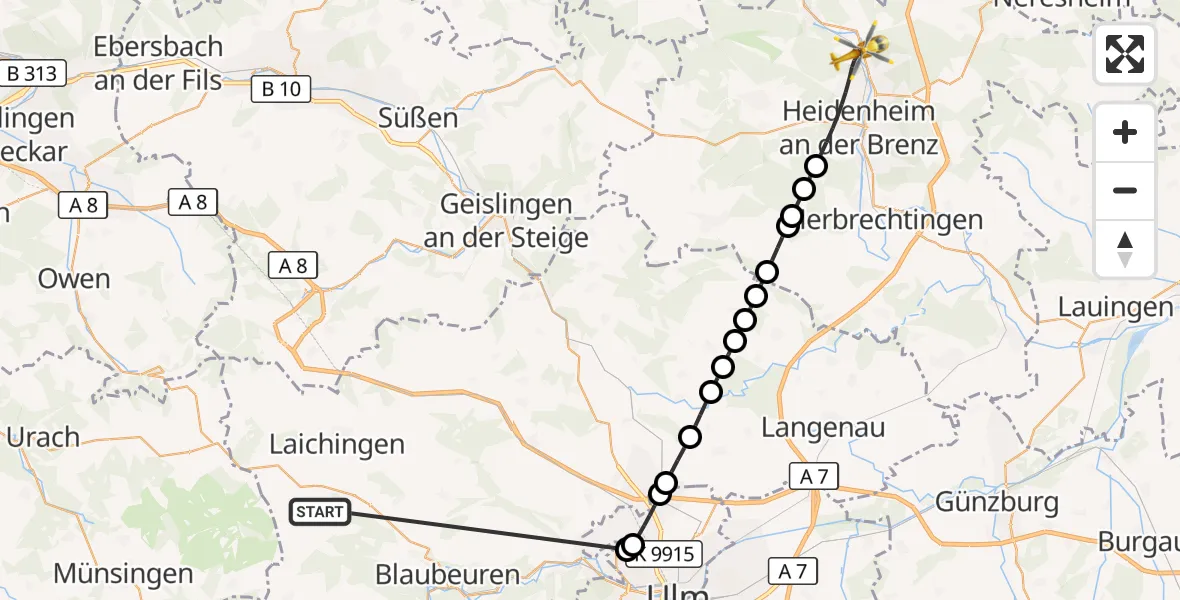 Flugroute Rettungshubschrauber Heroldstatt - Heidenheim an der Brenz, 31 Oktober 2026, 12:56