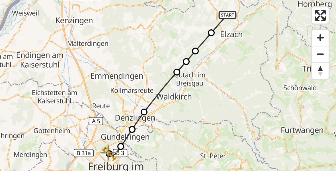 Flugroute Ambulanzhubschrauber Biederbach - Freiburg im Breisgau Flugplatz, 31 Oktober 2026, 13:16