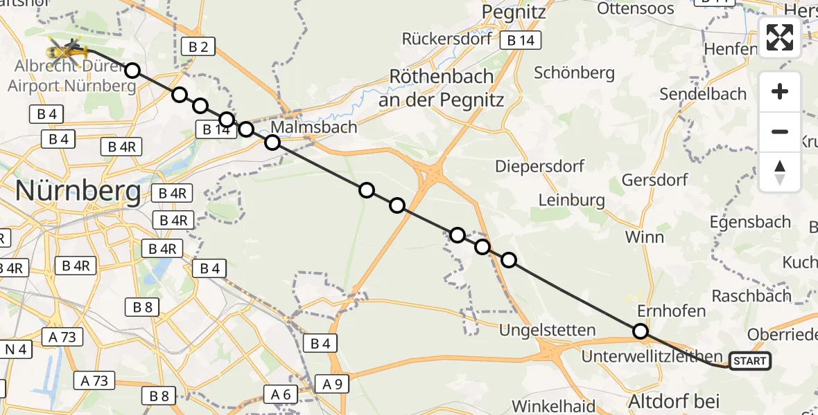 Flugroute Ambulanzhubschrauber Altdorf b.Nürnberg - Flughafen Nuremberg, 31 Oktober 2026, 13:24