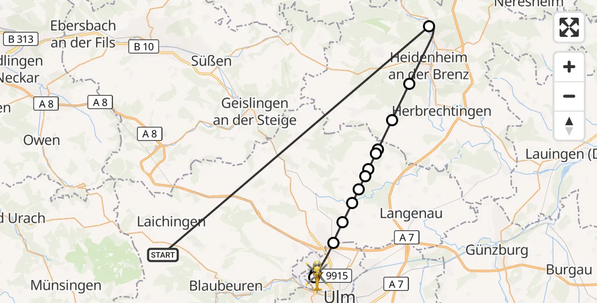 Flugroute Rettungshubschrauber Heroldstatt - Ulm Military Hospital Emergency Hubschrauberlandeplatz, 31 Oktober 2026, 13:34
