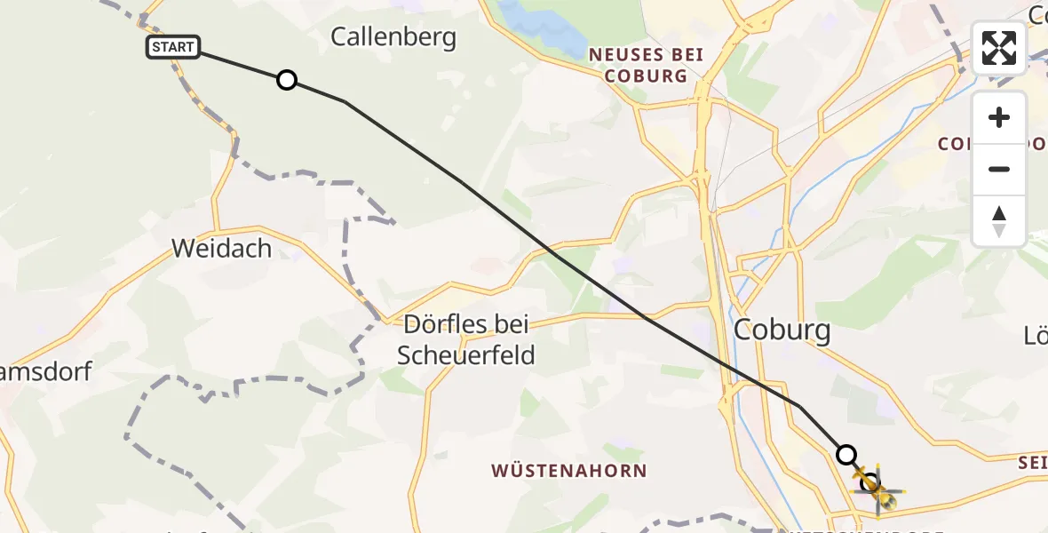 Flugroute Rettungshubschrauber Weitramsdorf - Regiomed Hospital Coburg, 31 Oktober 2026, 13:39