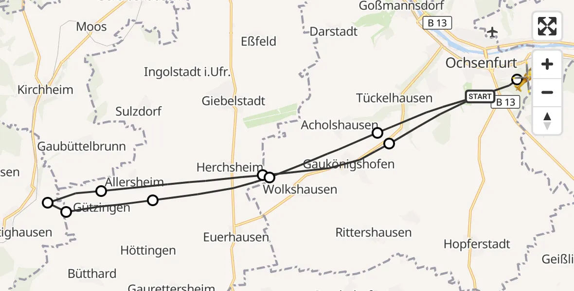 Flugroute Rettungshubschrauber Ochsenfurt - Ochsenfurt Hospital, 31 Oktober 2026, 13:41