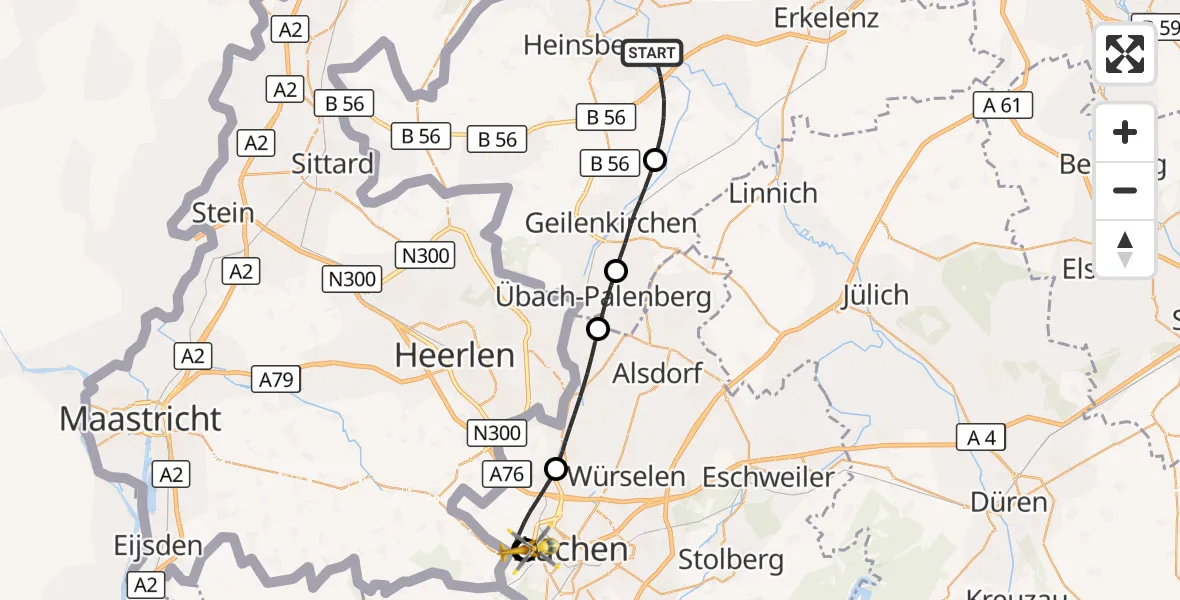 Flugroute Rettungshubschrauber Heinsberg - Aachen Hospital, 31 Oktober 2026, 13:47