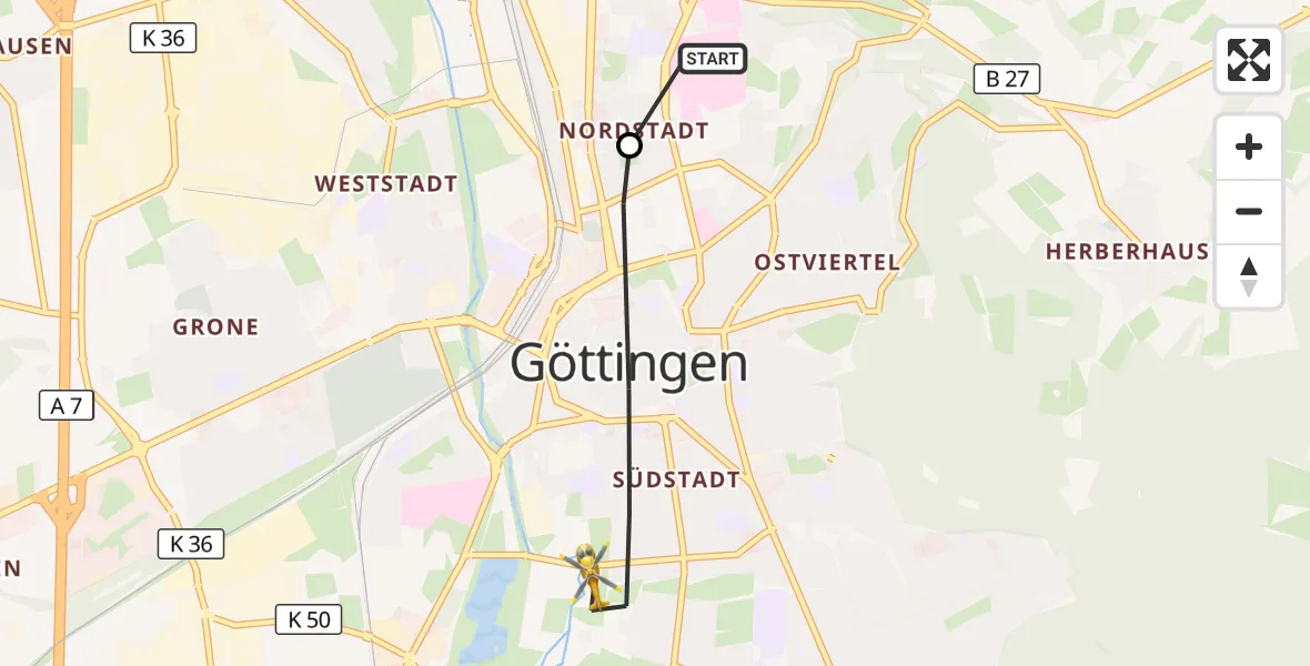 Flugroute Rettungshubschrauber Göttingen University Clinic Hubschrauberlandeplatz - Göttingen, 31 Oktober 2026, 13:50