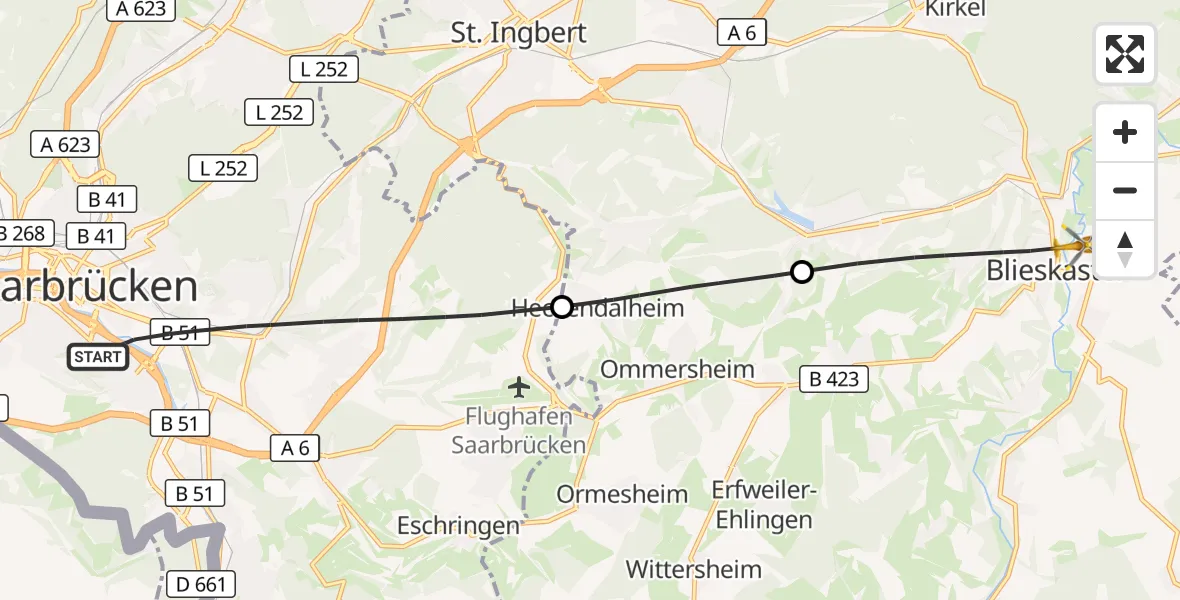 Flugroute Rettungshubschrauber Saarbrücken - Blieskastel, 31 Oktober 2026, 13:53