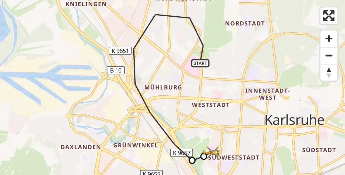 Flugroute Ambulanzhubschrauber Karlsruhe - Sankt Vincentius Hospital, 31 Oktober 2026, 14:09