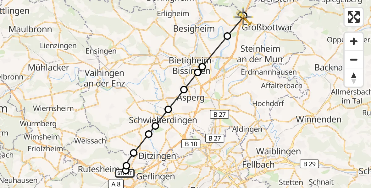 Flugroute Rettungshubschrauber Leonberg Hospital - Großbottwar, 31 Oktober 2026, 14:20