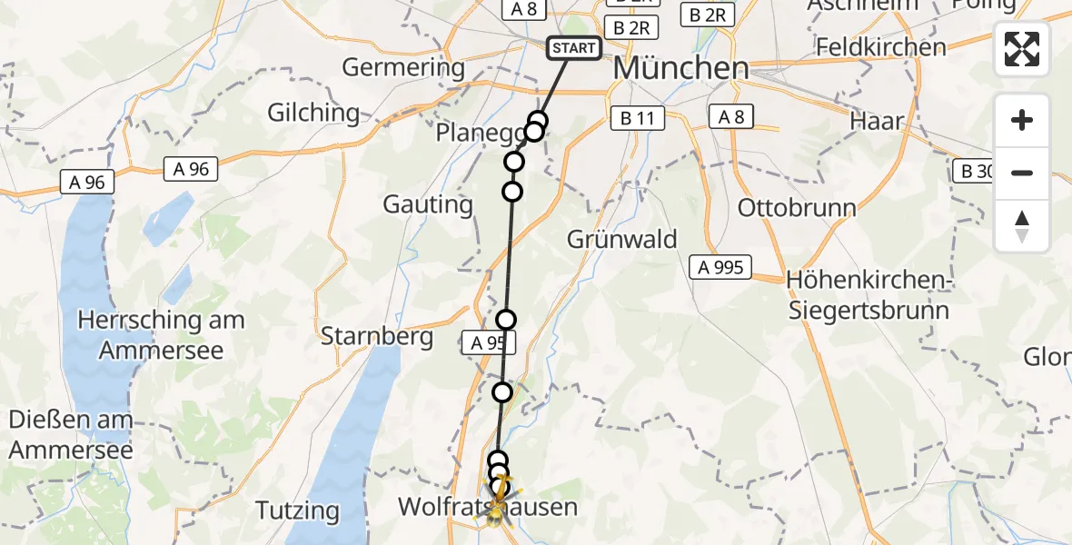 Flugroute Rettungshubschrauber München - Wolfratshausen Kreisklink Hubschrauberlandeplatz, 31 Oktober 2026, 14:27