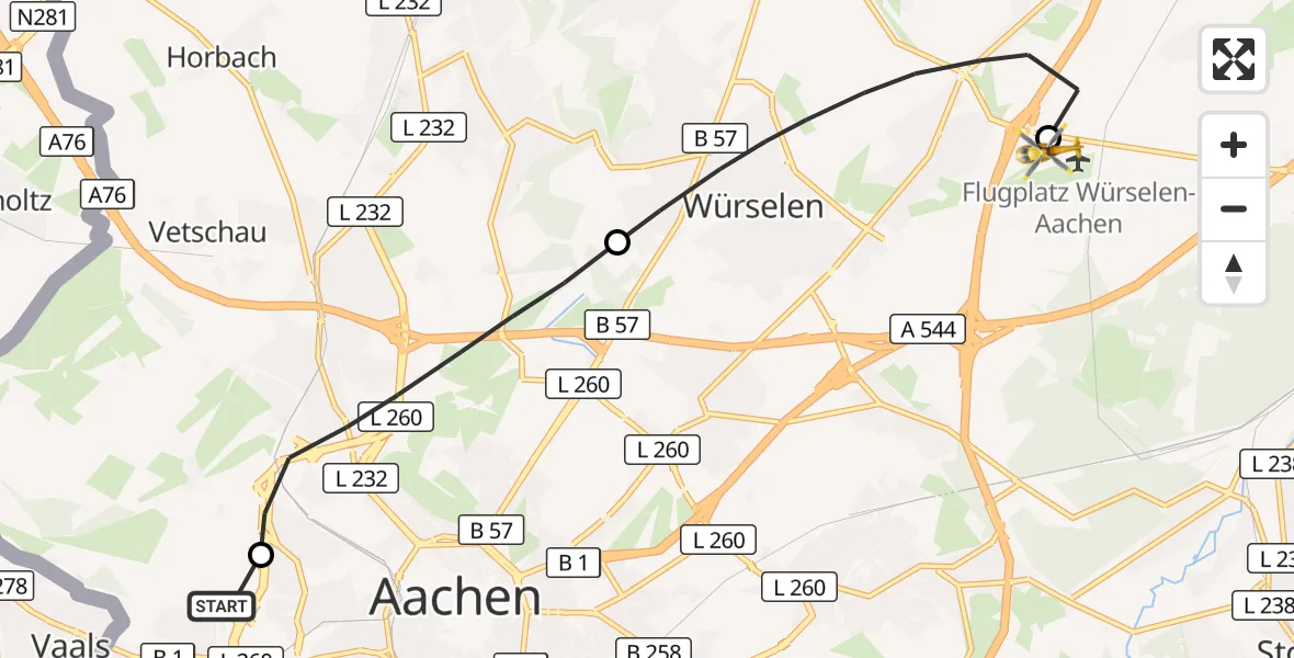 Flugroute Rettungshubschrauber Aachen Hospital - Aachen-Merzbrück Flughafen, 31 Oktober 2026, 14:29