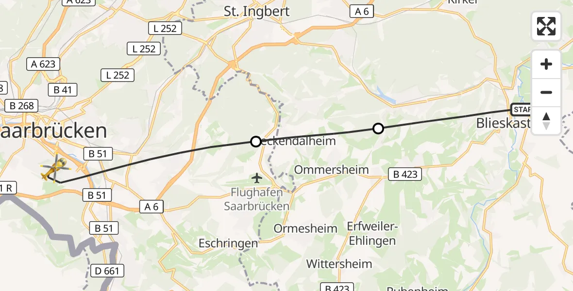 Flugroute Rettungshubschrauber Blieskastel - Saarbrücken, 31 Oktober 2026, 14:30