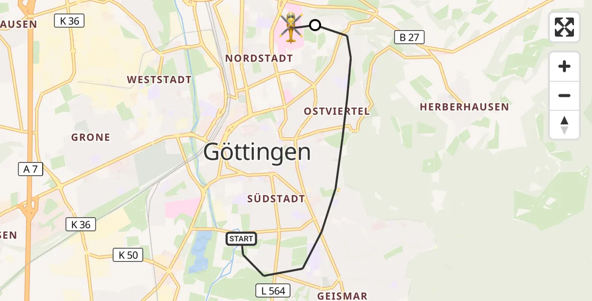 Flugroute Rettungshubschrauber Göttingen - Göttingen University Clinic Hubschrauberlandeplatz, 31 Oktober 2026, 14:32