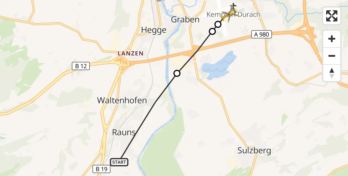 Flugroute Rettungshubschrauber Waltenhofen - Kempten-Durach Flugplatz, 31 Oktober 2026, 14:45