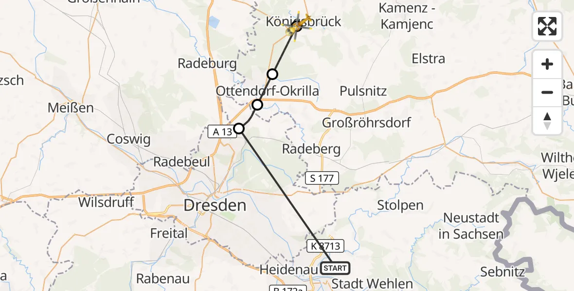 Flugroute Rettungshubschrauber Pirna - Königsbrück, 31 Oktober 2026, 14:46