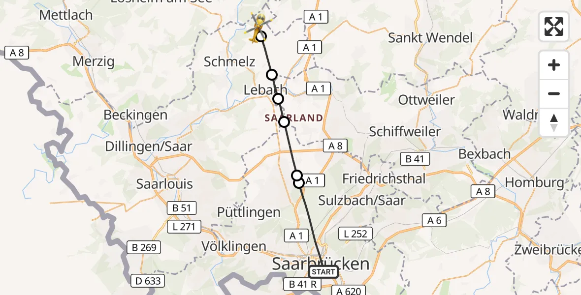 Flugroute Rettungshubschrauber Saarbrücken - Schmelz, 31 Oktober 2026, 14:59