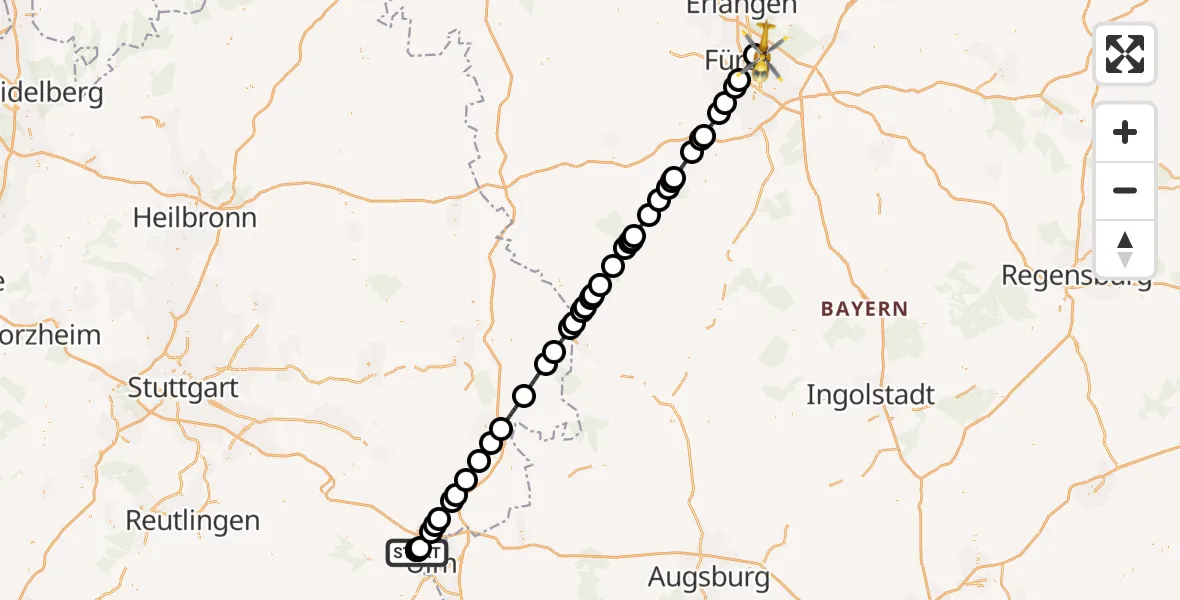 Flugroute Rettungshubschrauber Ulm Military Hospital Emergency - Flughafen Nuremberg, 31 Oktober 2026, 15:00
