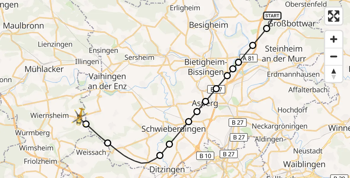 Flugroute Rettungshubschrauber Großbottwar - Wiernsheim, 31 Oktober 2026, 15:03