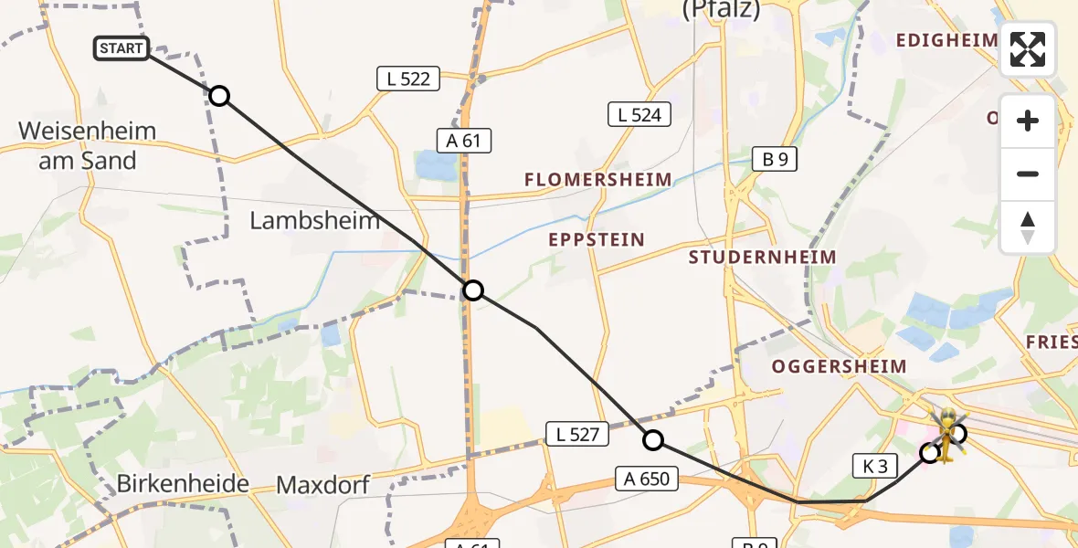 Flugroute Rettungshubschrauber Weisenheim am Sand - Ludwigshafen Accident Hospital, 31 Oktober 2026, 15:05