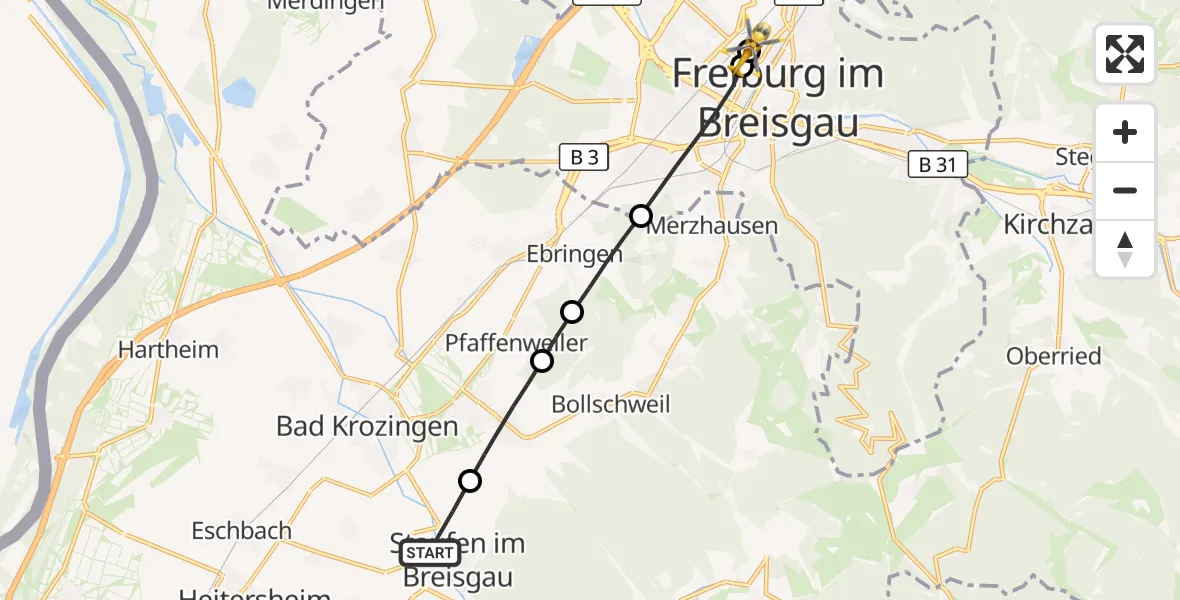 Flugroute Ambulanzhubschrauber Staufen im Breisgau - Freiburg University Hospital Heliport 1, 31 Oktober 2026, 15:10