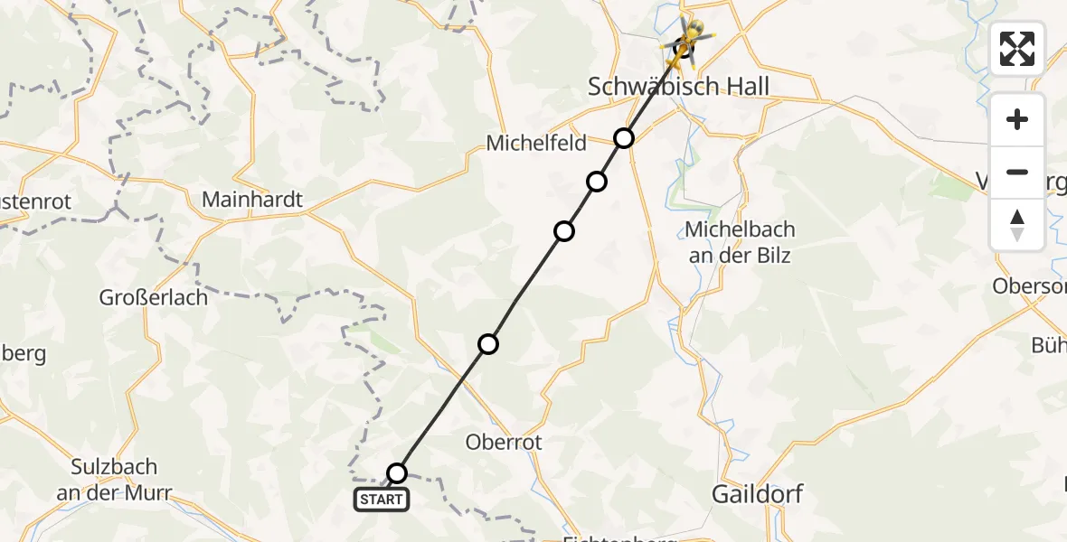 Flugroute Rettungshubschrauber Murrhardt - Evangelisches Diakonie Hospital Schwäbisch Hall, 31 Oktober 2026, 15:12