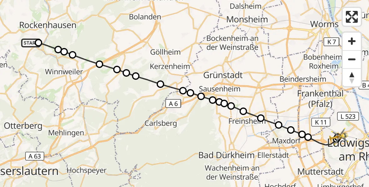 Flugroute Rettungshubschrauber Rockenhausen - Ludwigshafen Accident Hospital, 31 Oktober 2026, 15:17