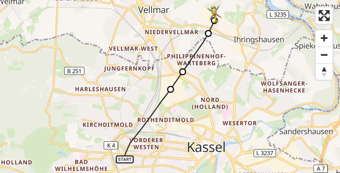 Flugroute Rettungshubschrauber Kassel - Fuldatal Bundespolizei Hubschrauberlandeplatz, 31 Oktober 2026, 15:50
