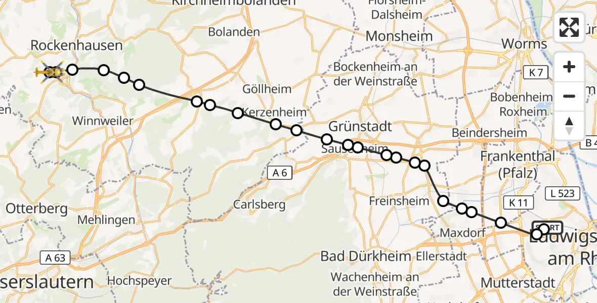 Flugroute Rettungshubschrauber Ludwigshafen Accident Hospital - Rockenhausen, 31 Oktober 2026, 15:55