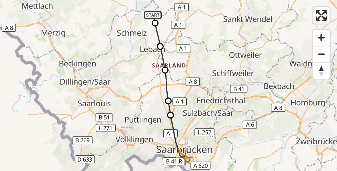 Flugroute Rettungshubschrauber Schmelz - Saarbrücken, 31 Oktober 2026, 15:56