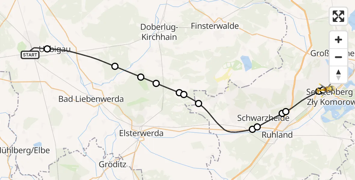 Flugroute Ambulanzhubschrauber Falkenberg/Elster - ADAC Luftrettungsstation Senftenberg Hubschrauberlandeplatz, 31 Oktober 2026, 16:15