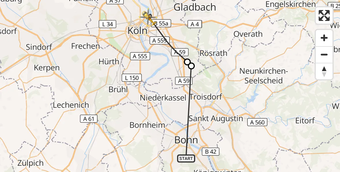 Flugroute Ambulanzhubschrauber Bonn University Hospital - Köln, 31 Oktober 2026, 18:05