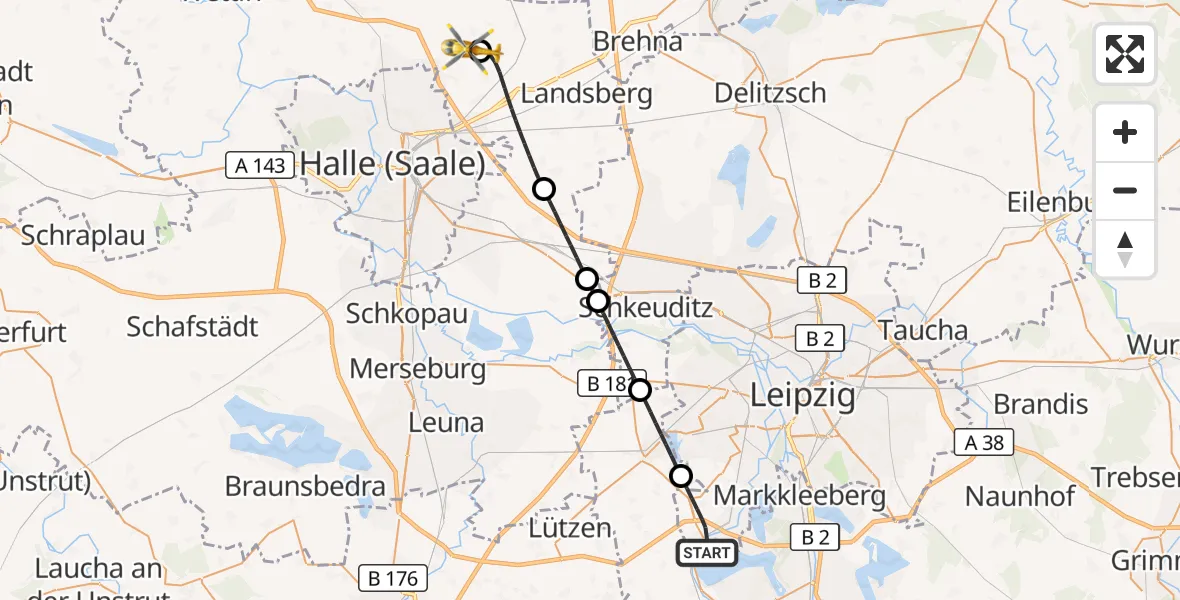 Flugroute Rettungshubschrauber Leipzig - Halle-Oppin Flugplatz, 31 Oktober 2026, 18:33