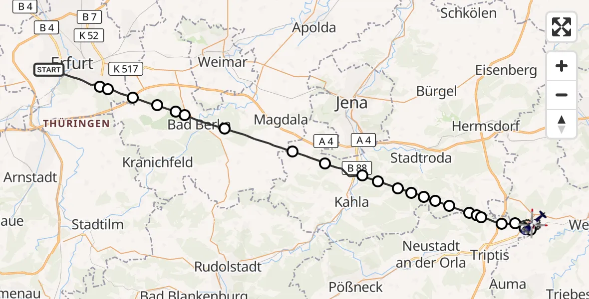 Flugroute Polizeihubschrauber Erfurt - Harth-Pöllnitz, 31 Oktober 2026, 18:35