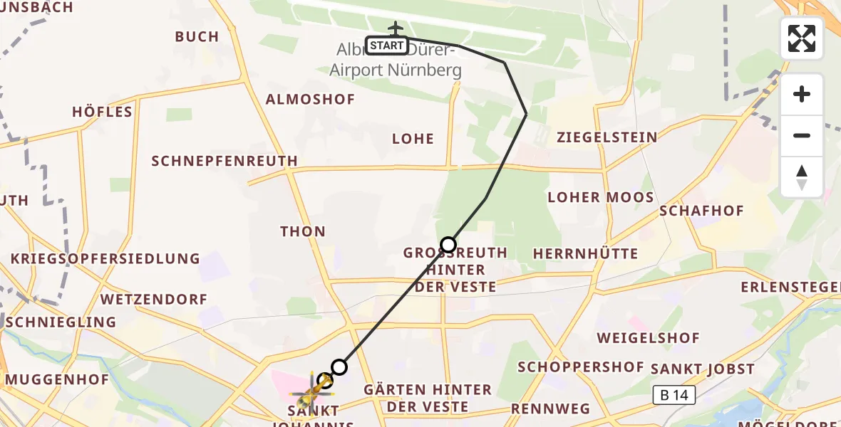 Flugroute Rettungshubschrauber Flughafen Nuremberg - Nürnberg North Hospital, 31 Oktober 2026, 21:46