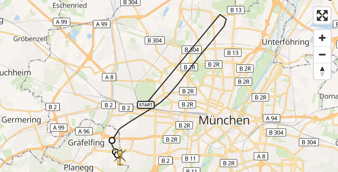 Flugroute Rettungshubschrauber München - DRF Air Rescue München Hubschrauberlandeplatz, 31 Oktober 2026, 21:47